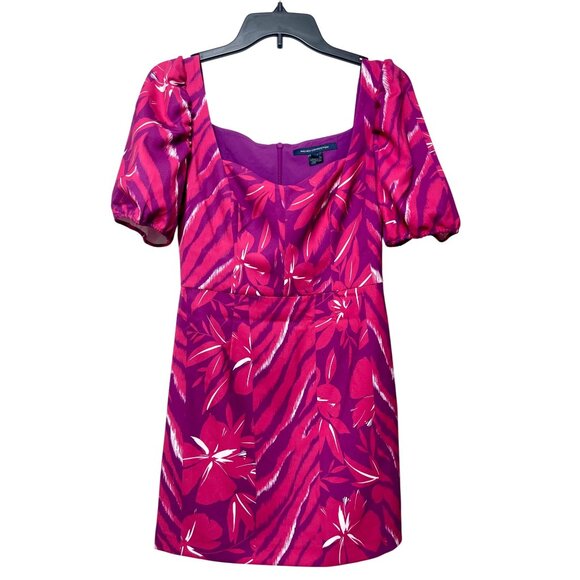 New French Connection Pink & Purple Floral Puff Sleeve Mini Dress Size 6 - Picture 1 of 7